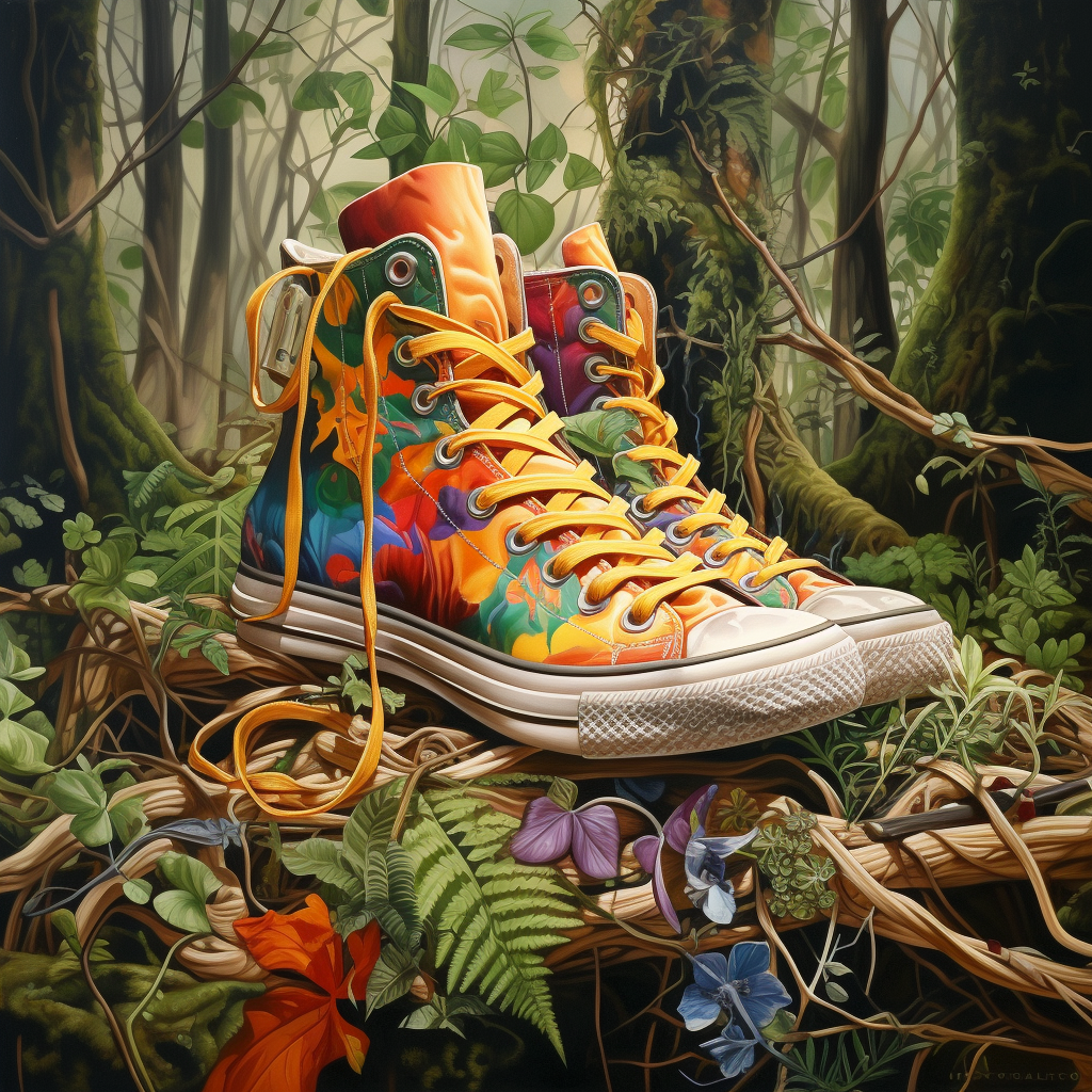 Colorful forest scene with confused hare and unlaced shoes