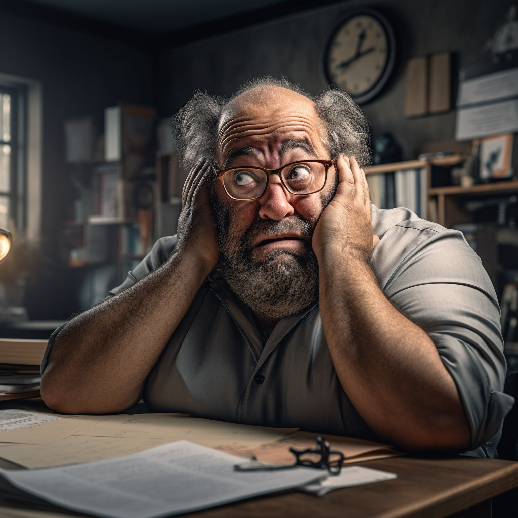 Confused neanderthal balding man at office desk