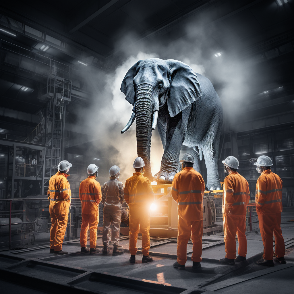 Production employees facing a huge elephant in fear