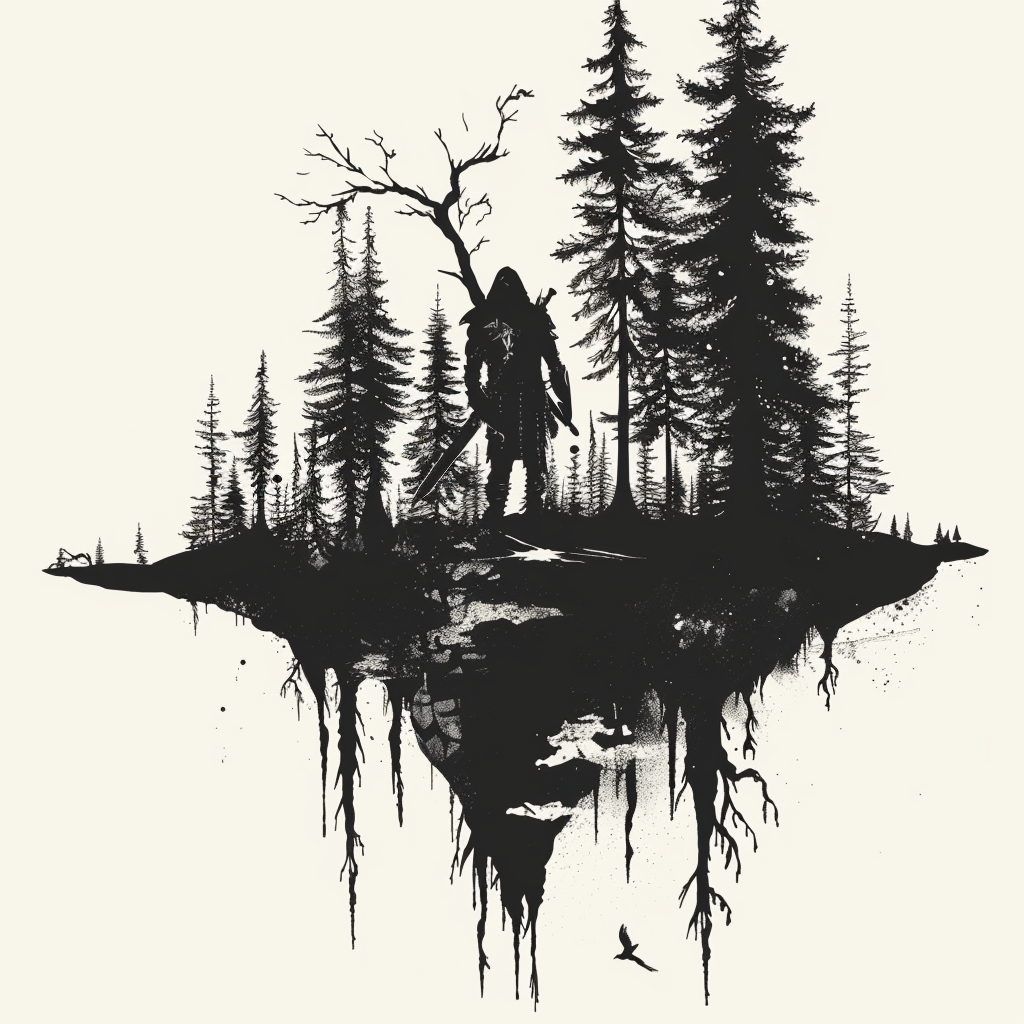 Warrior hiding in coniferous forest tattoo design