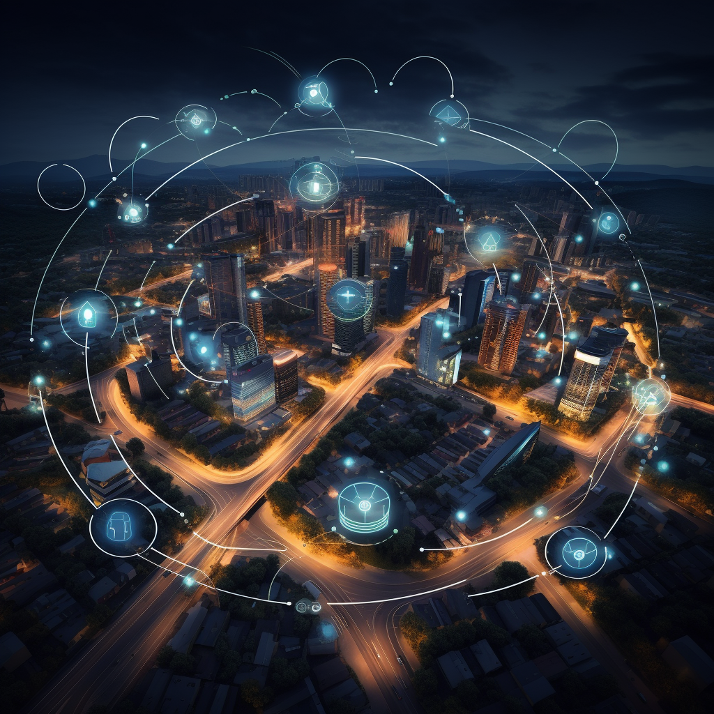 Aerial View of Connected Smart City with Camera Icons