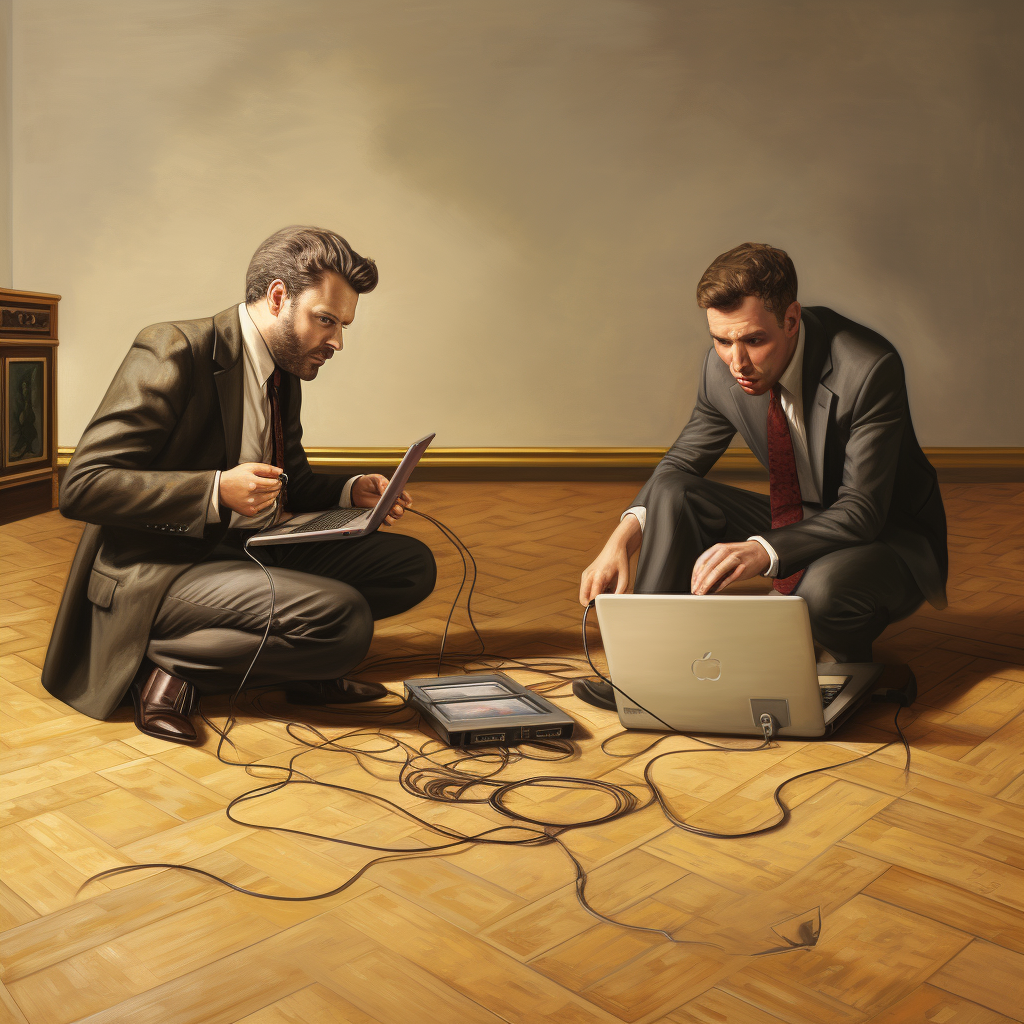 Two businessmen connecting computers on the floor