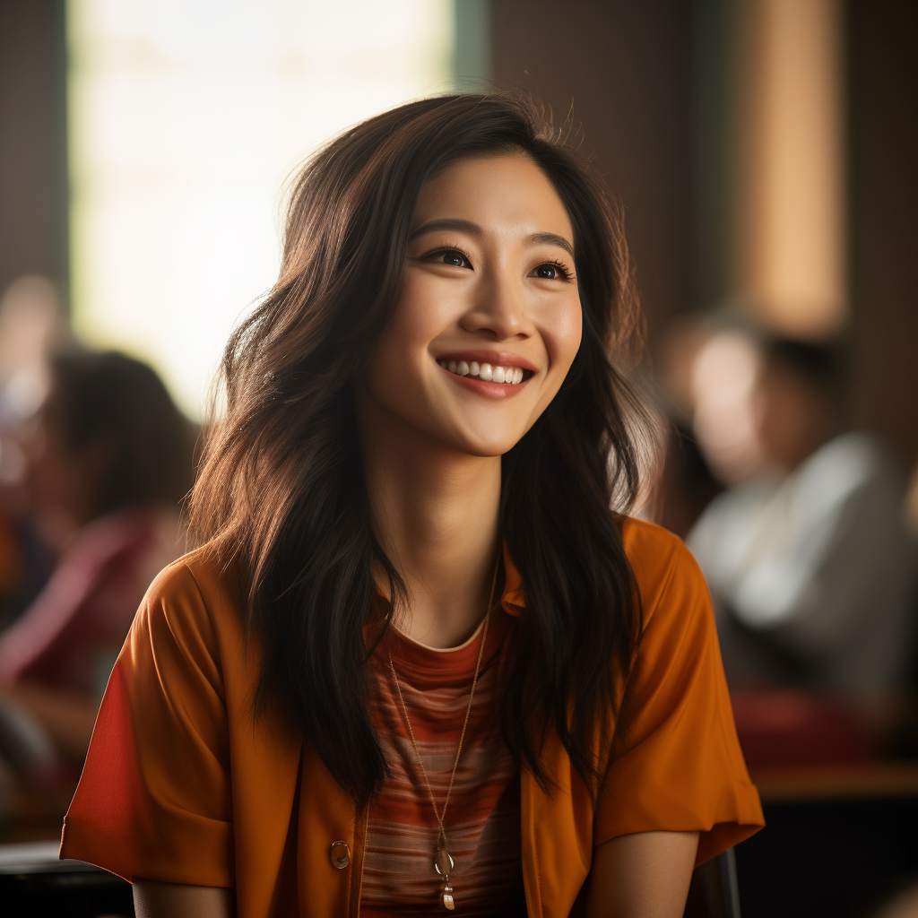 Constance Wu smiling teacher inspiring students