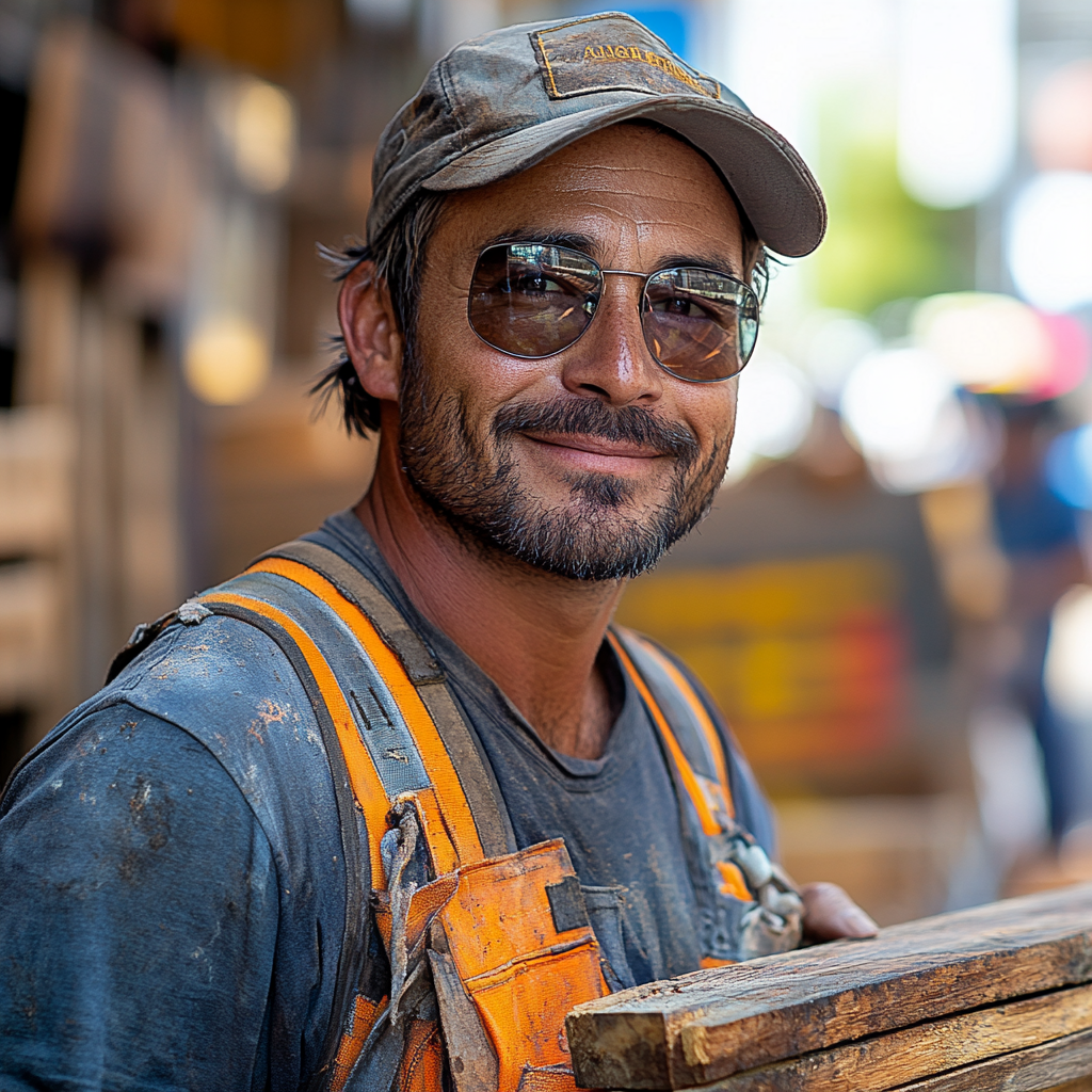 Construction worker with decking planks