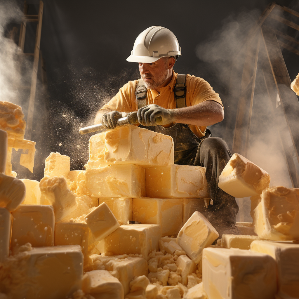 Construction worker jackhammering large blocks of soap