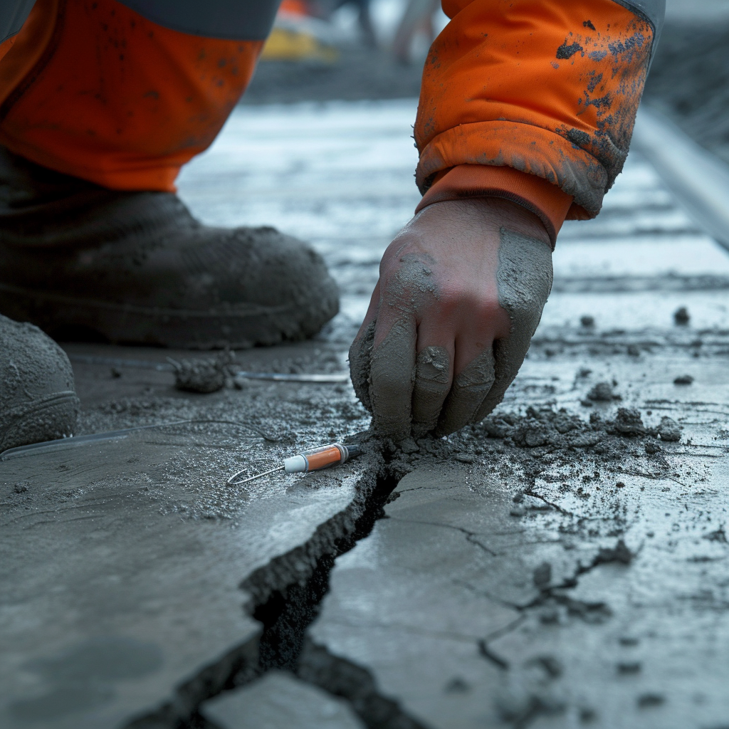 Construction worker placing repair capsule in concrete crack