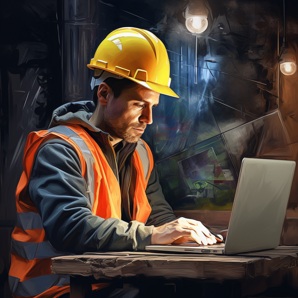 Construction worker using computer at construction site