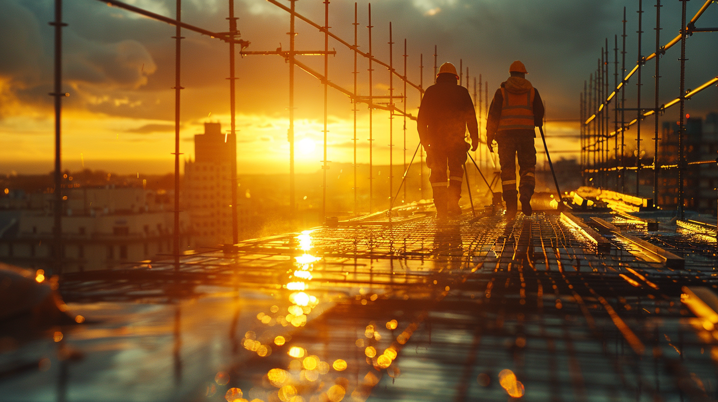 Construction workers in hyper realistic morning setting