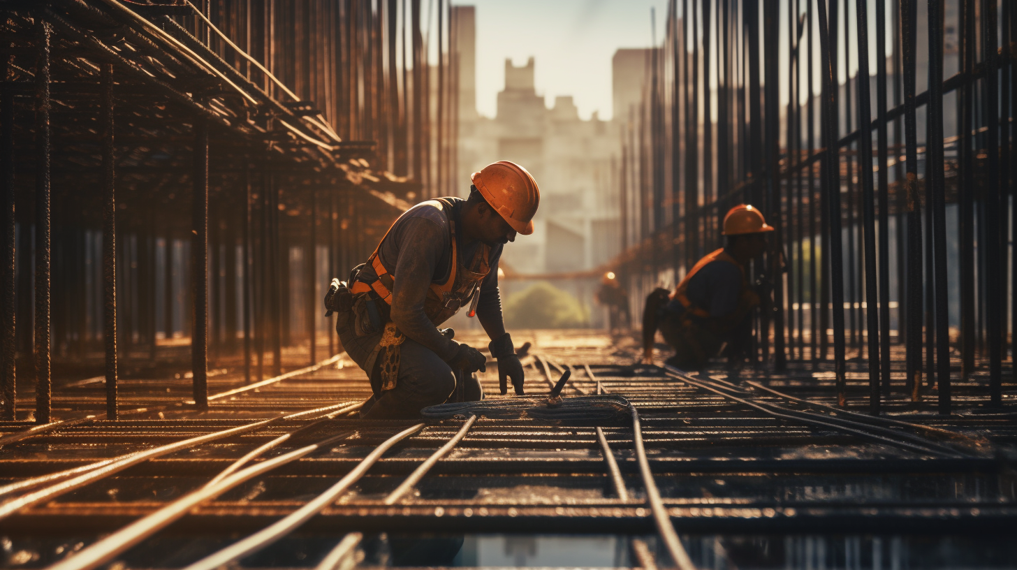 Construction workers effortlessly using TMT steel bar