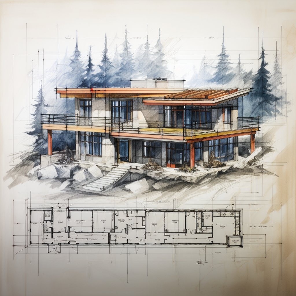 House under construction with blueprint