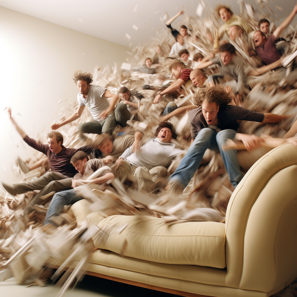 Men constructing sofa with motion blur