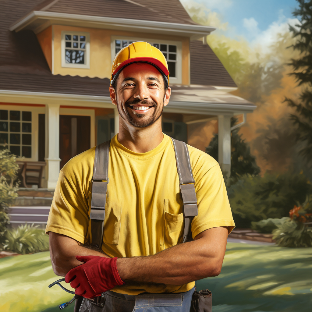 Professional construction painter in yellow clothing and red cap