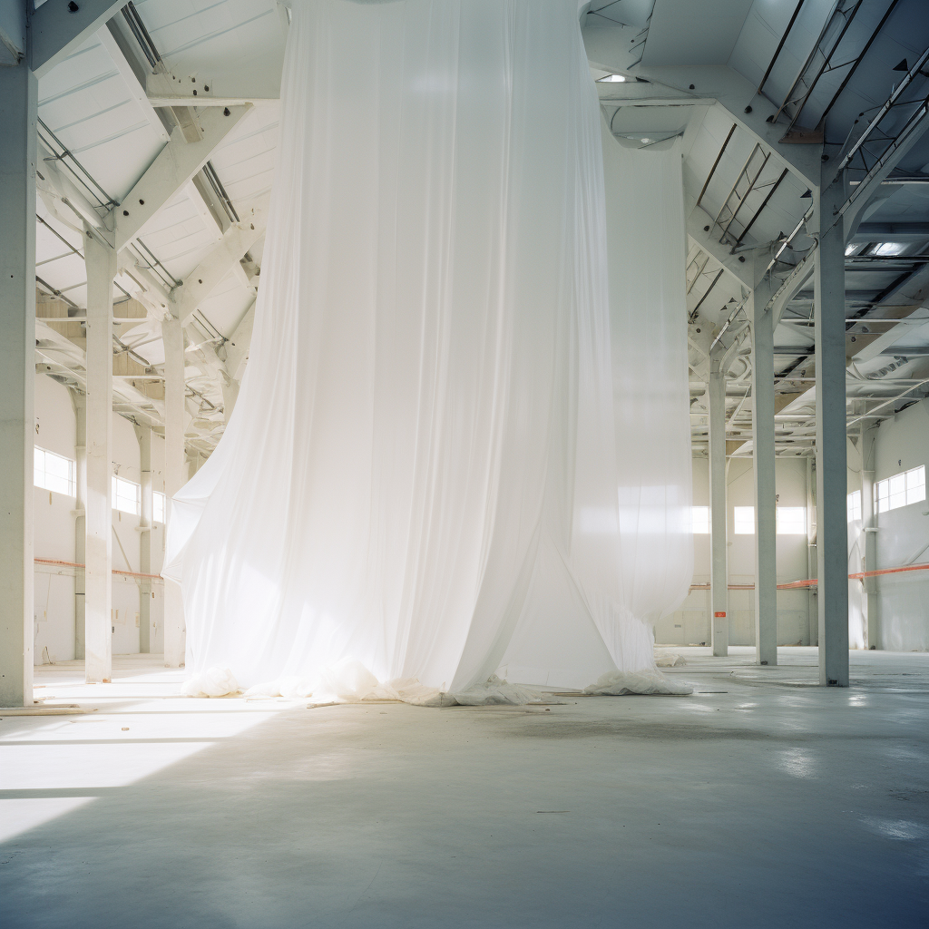 Construction site wrapped in white fabric