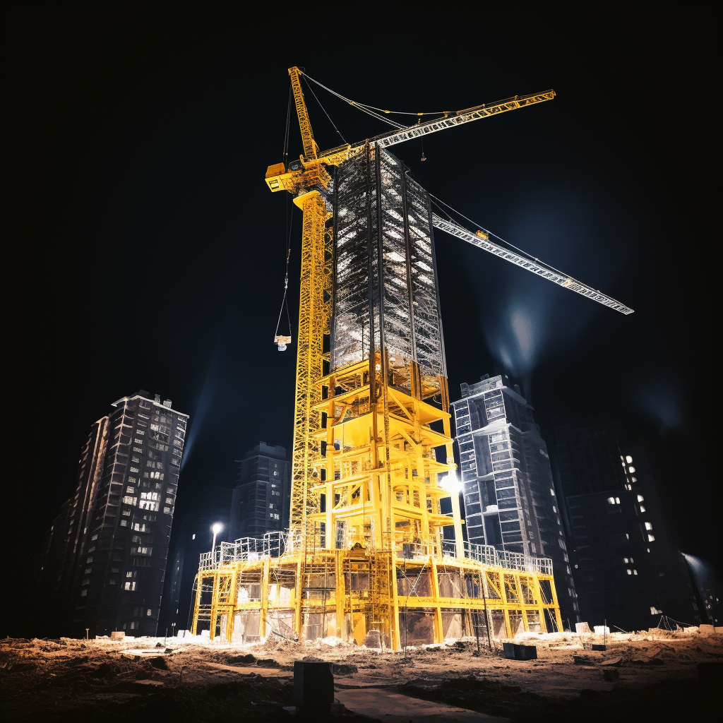 Nighttime Construction Skyscraper with Yellow Light