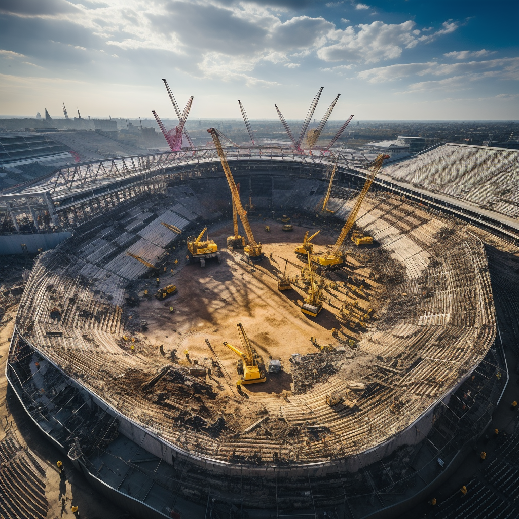 Aerial view of construction workers at football stadium