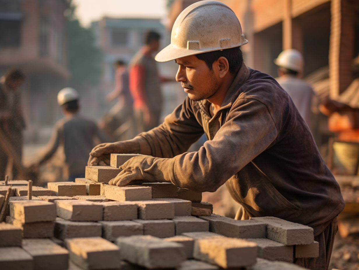 Hardworking auxiliary worker at construction site