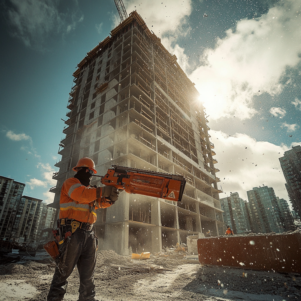 Construction worker with nailgun at construction site