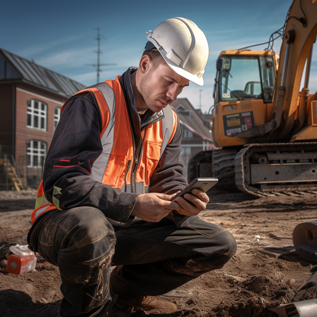 Construction worker checking phone on sunny day