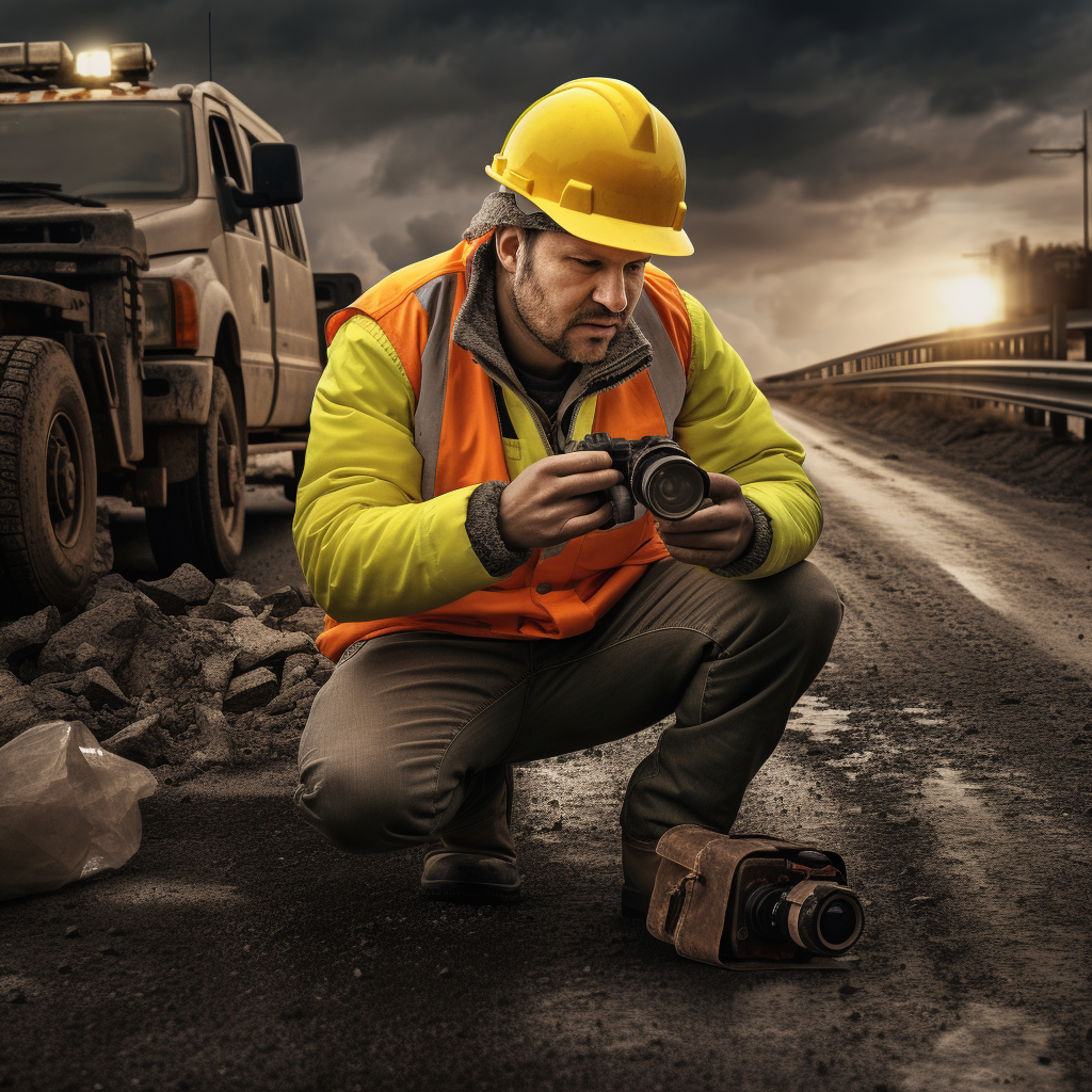 Construction Worker on Road Taking Photos