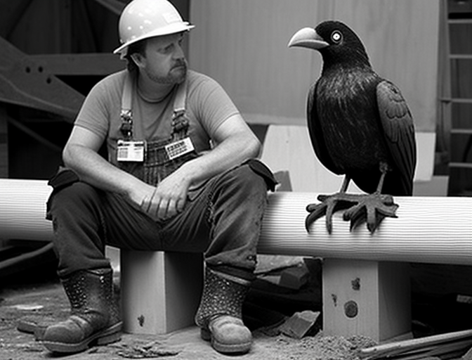 Construction worker with talking crow on steel beam