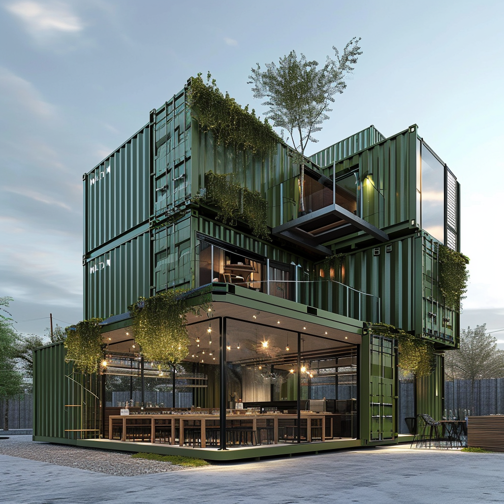 Container restaurants with military green design