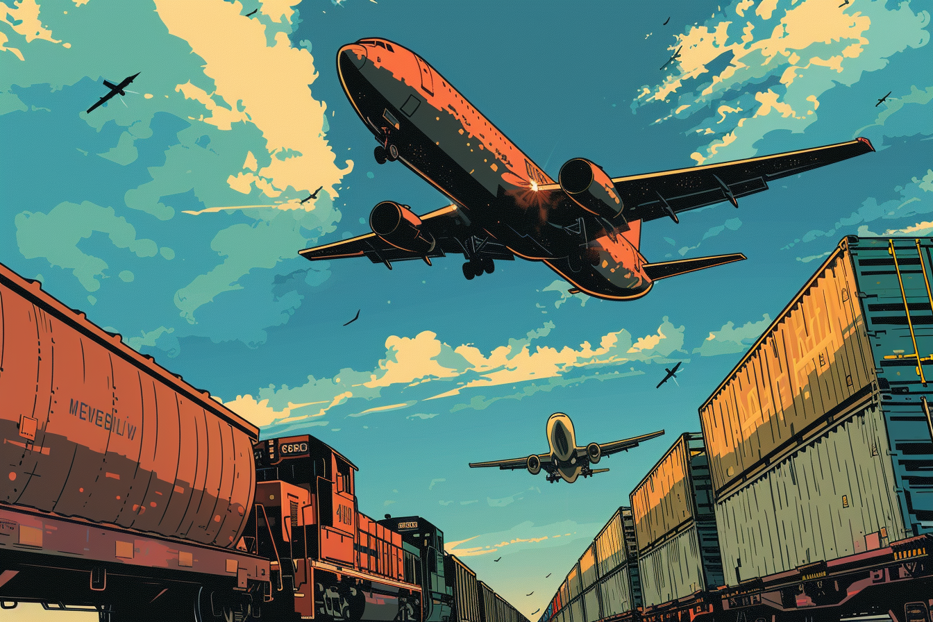 Comic Book Style Freight Transport Vehicles in the Sky