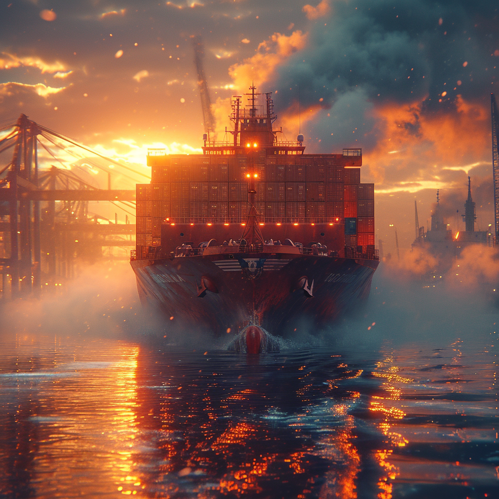 Container ship in morning mist sunshine