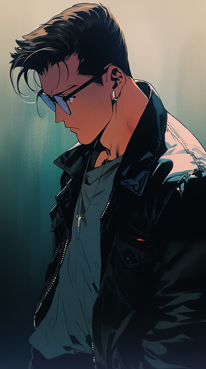 Contemplative man in jeans and leather jacket with aviator sunglasses