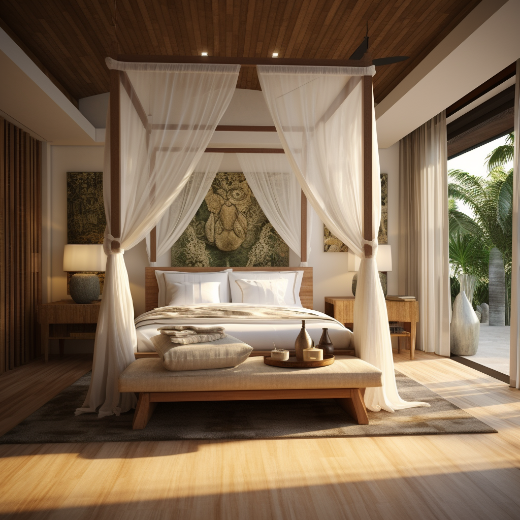 Contemporary Balinese Bedroom with Canopy Bed and Artwork