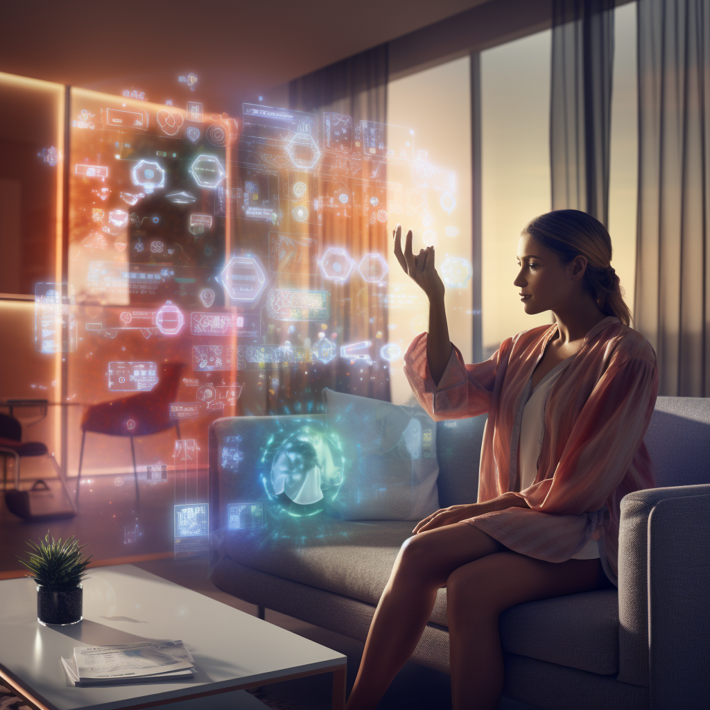 Hotel room with young traveler interacting with holographic interface