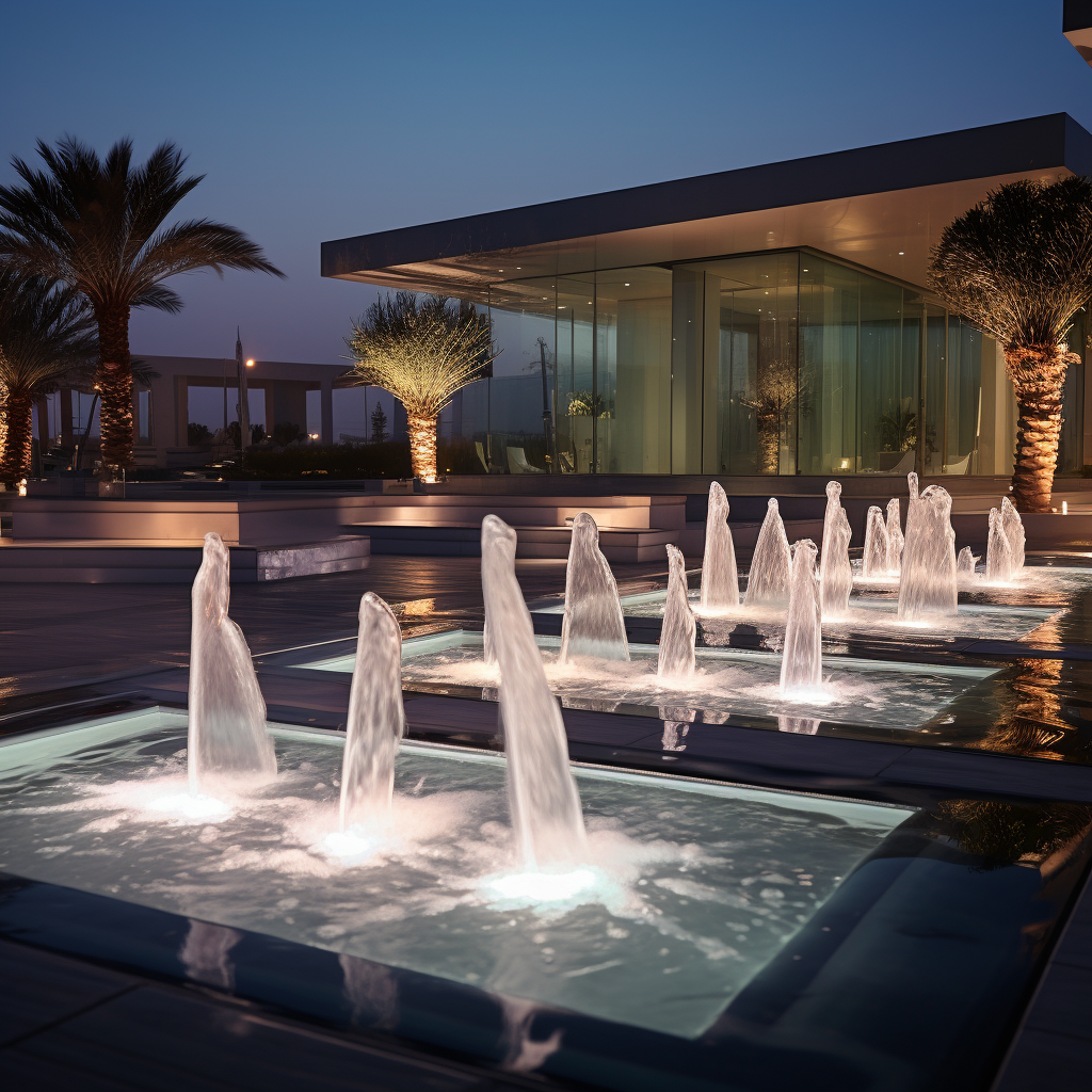 Stylish contemporary fountains with ice illumination and water jets