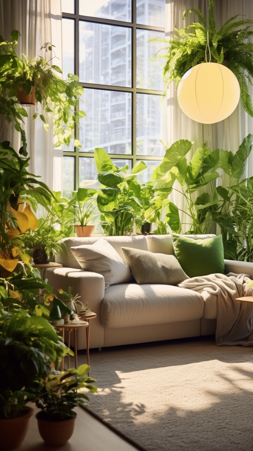 Lush green plants in contemporary living room