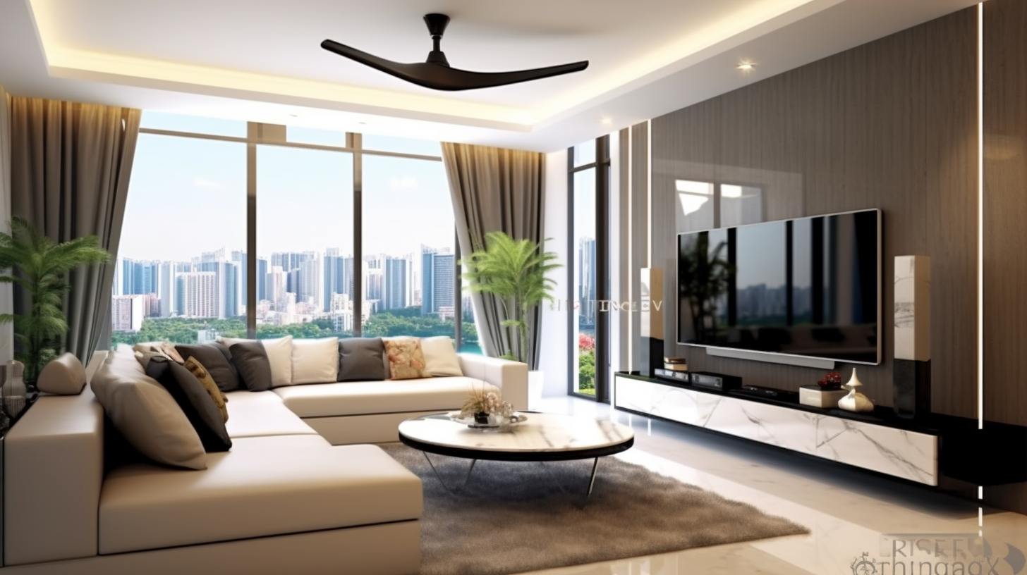 Modern Living Hall with Plush Sofa and Urban View.