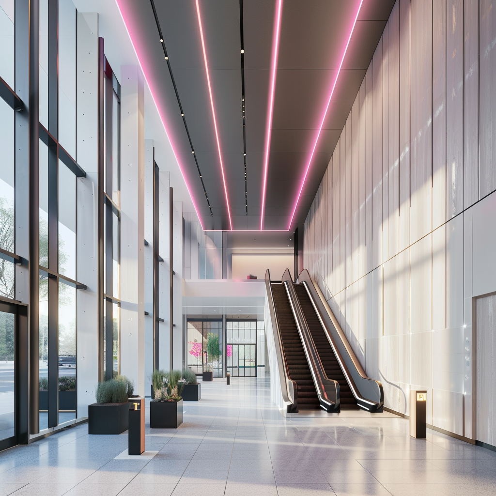 Contemporary lobby with stairs and escalator