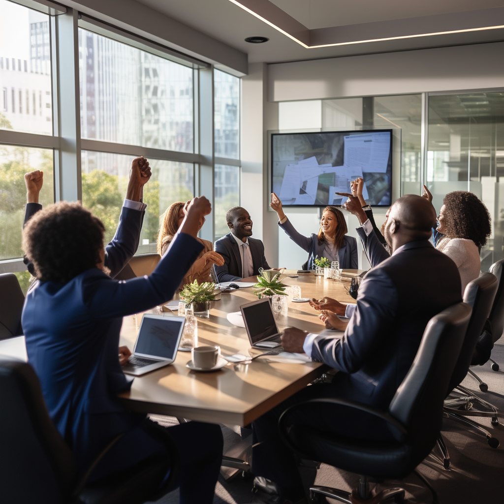 Diverse professionals celebrating successful office meeting