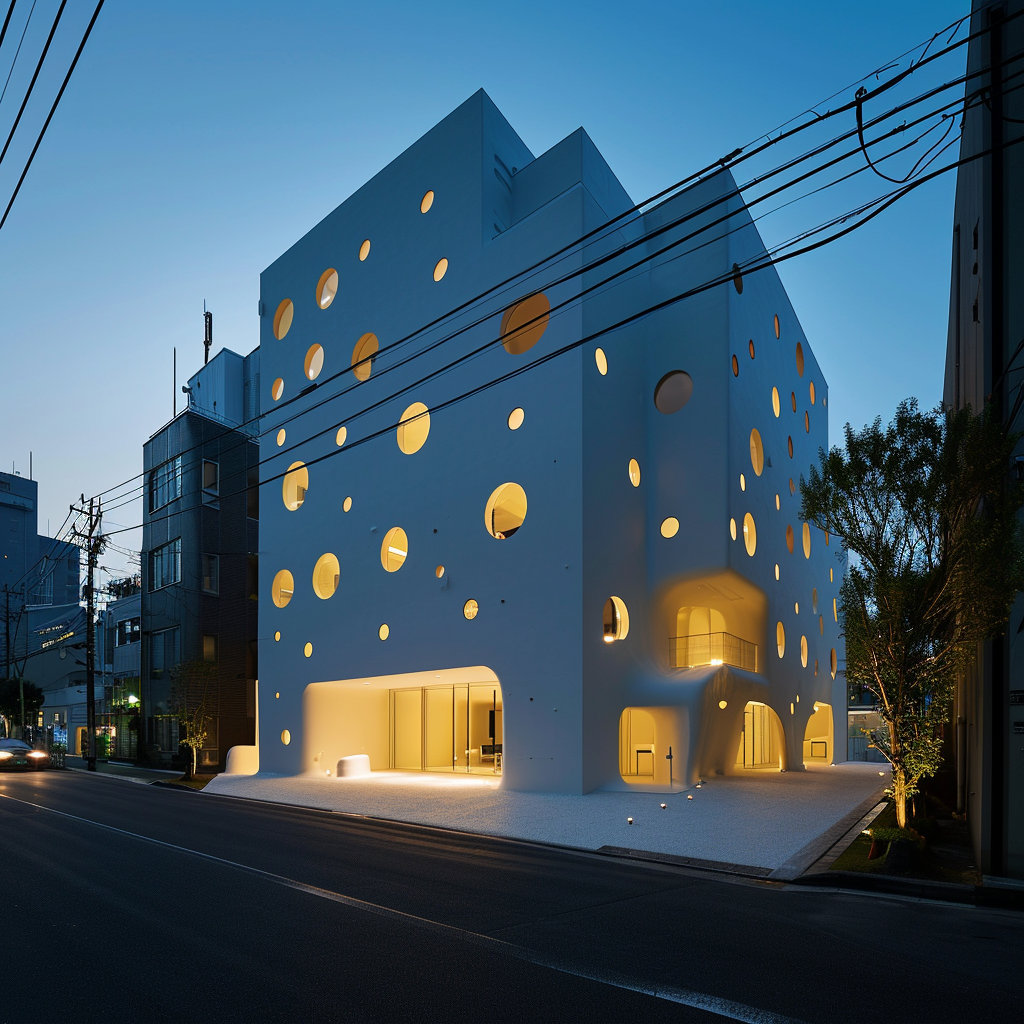 Minimal Contemporary Parametric Japanese White Building in Evening Tokyo