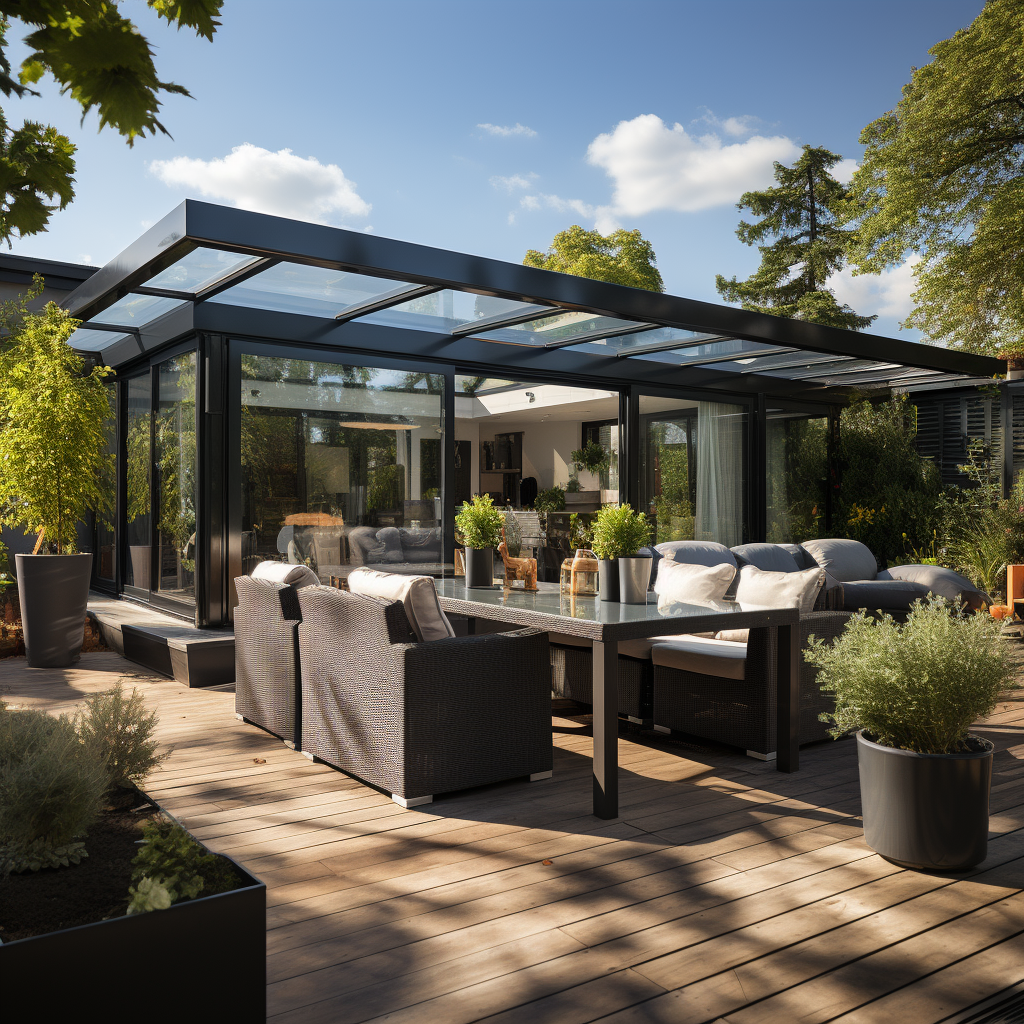 Contemporary-styled residence open patio terrace with vertical roller terrace awning