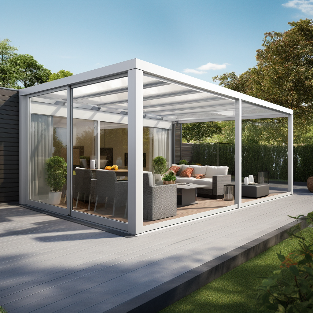 Contemporary-styled open patio terrace with roller terrace awning