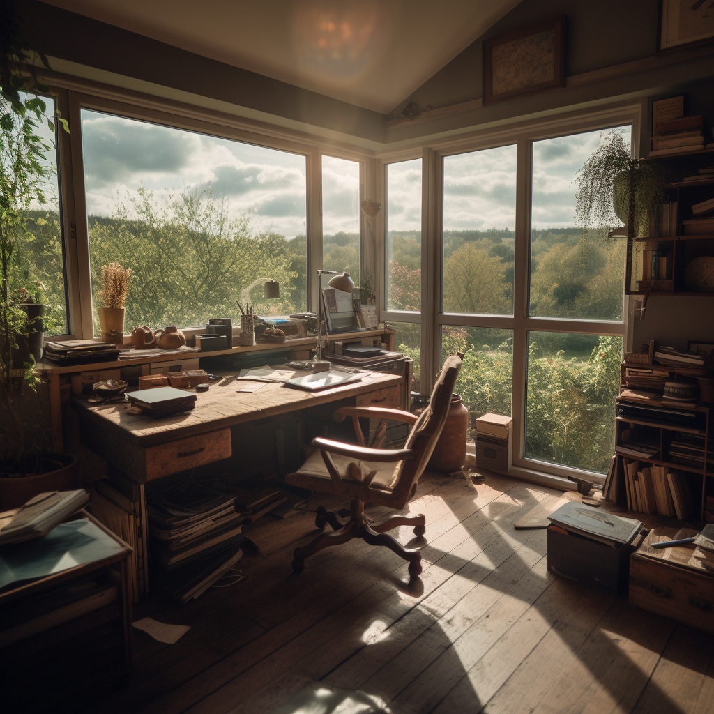 Productive home office with countryside view