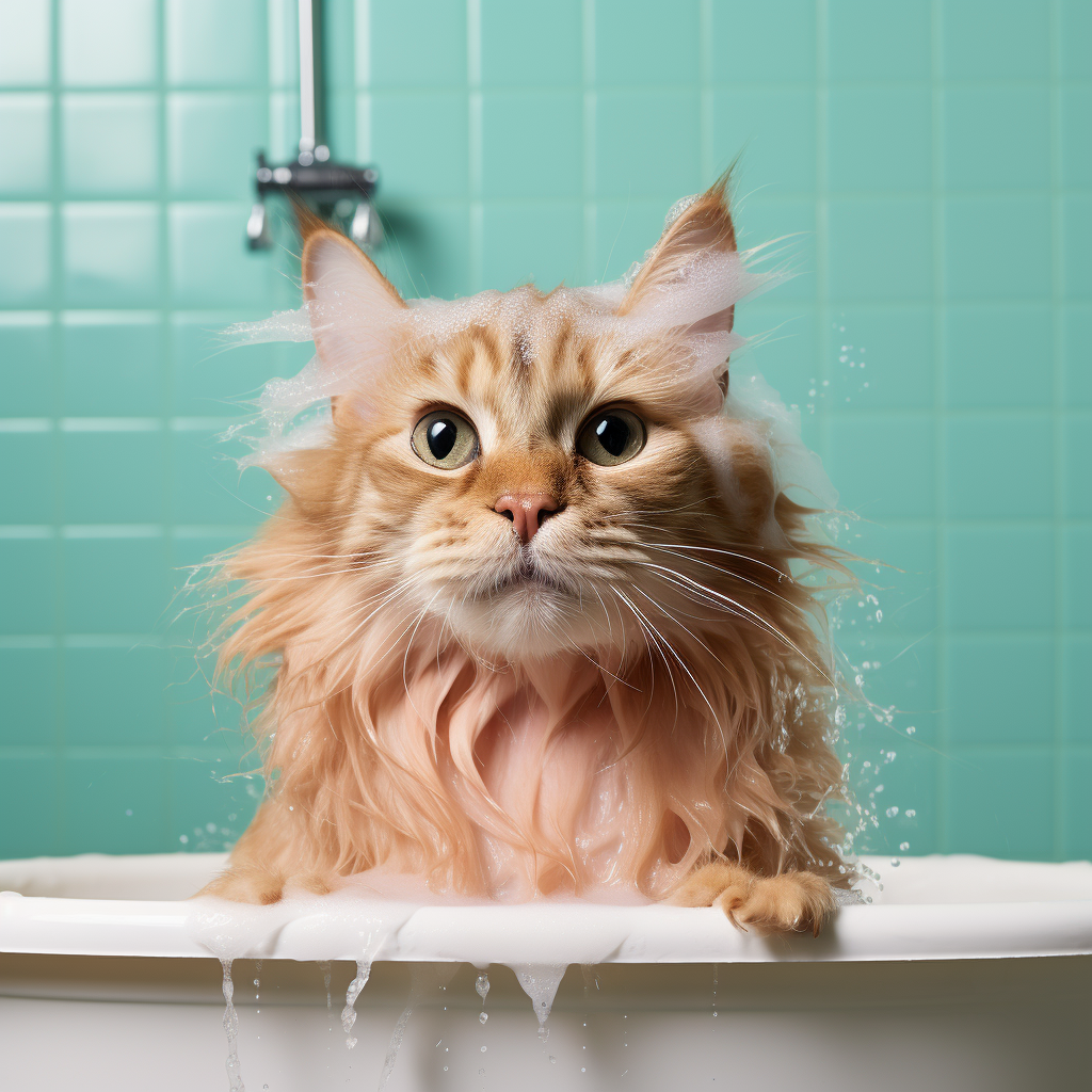 Happy cat enjoying waterless shampoo session