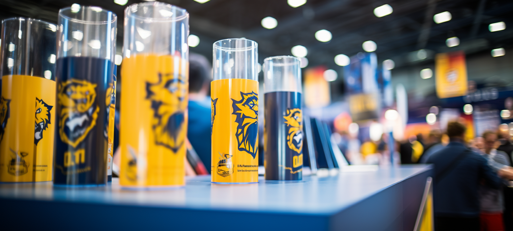 Convention Display Products in Yellow, Blue, and White