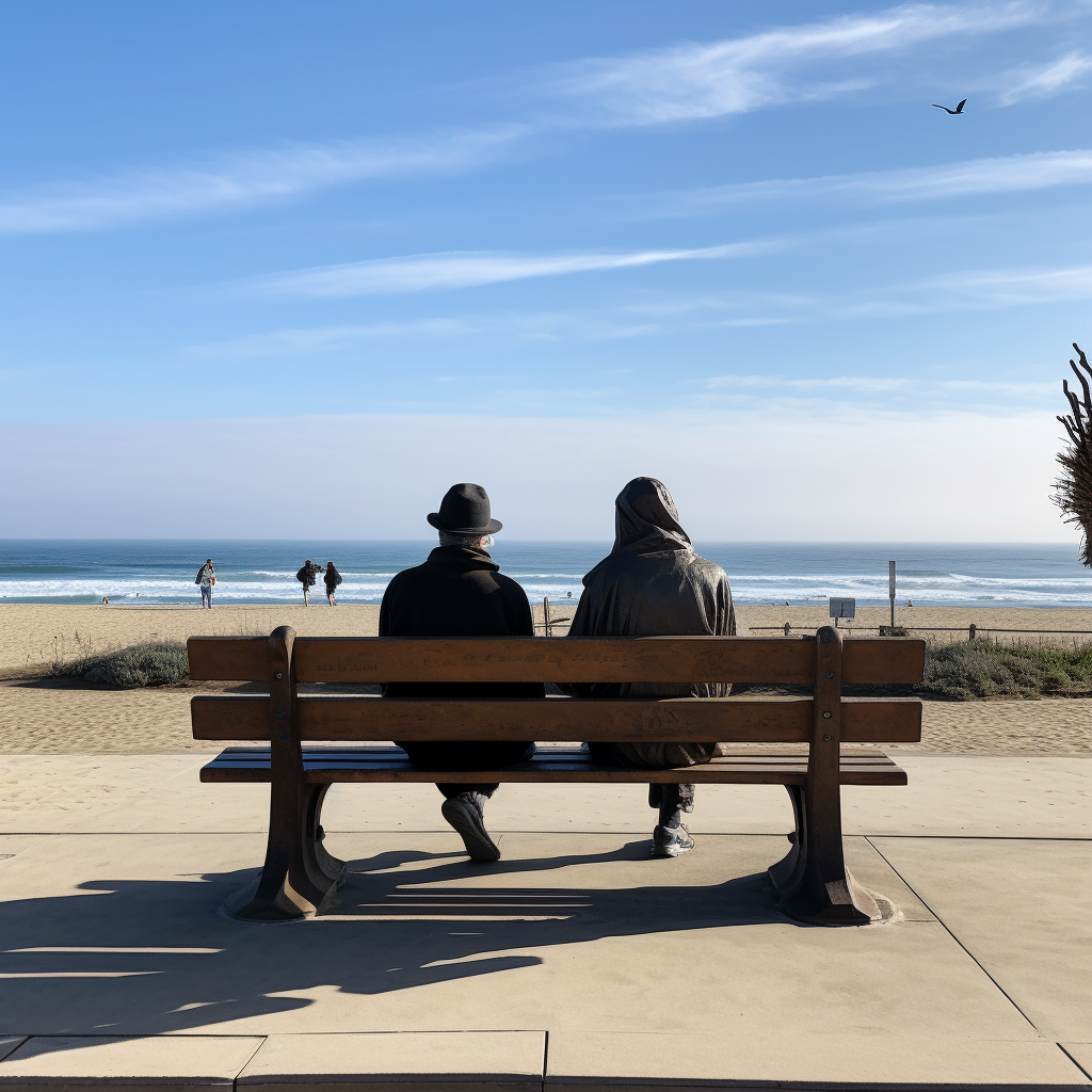 Two strangers conversing on a beach bench