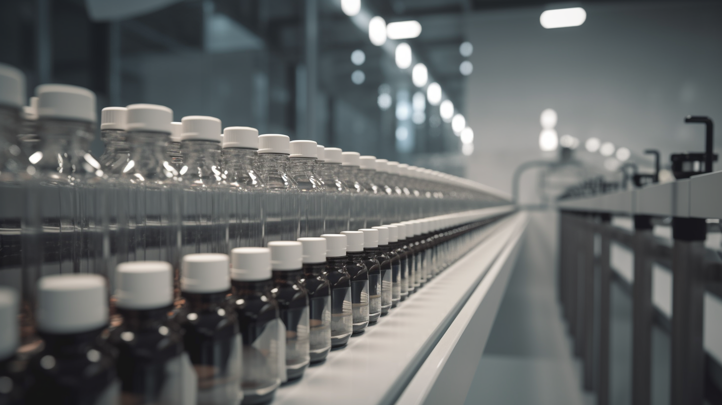 Close up of medicine bottles on conveyer belt