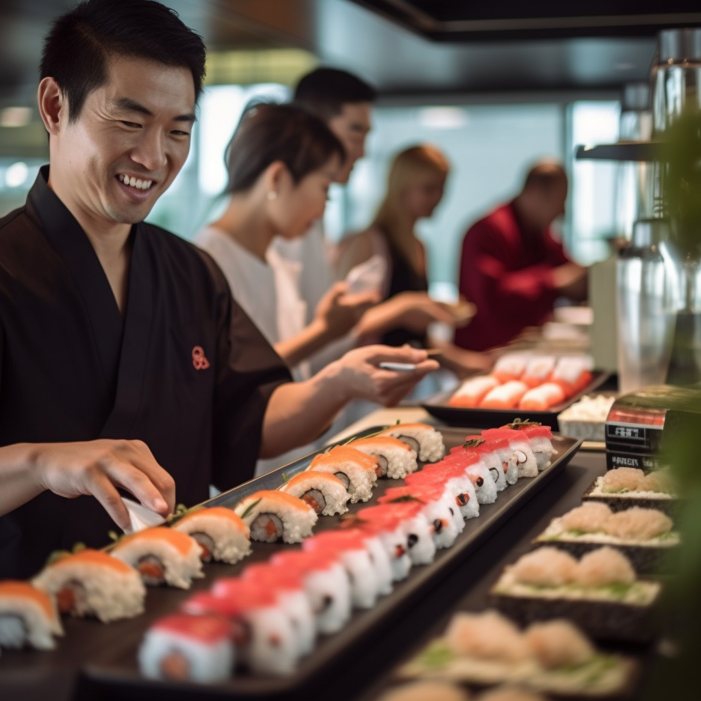 Friends enjoying sushi at conveyor belt restaurant