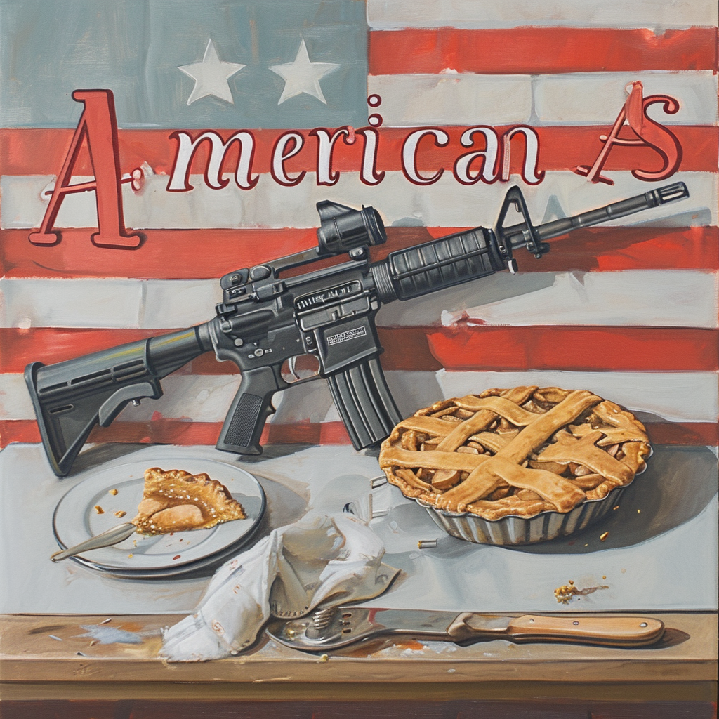 Vintage cookbook cover with apple pie and rifle