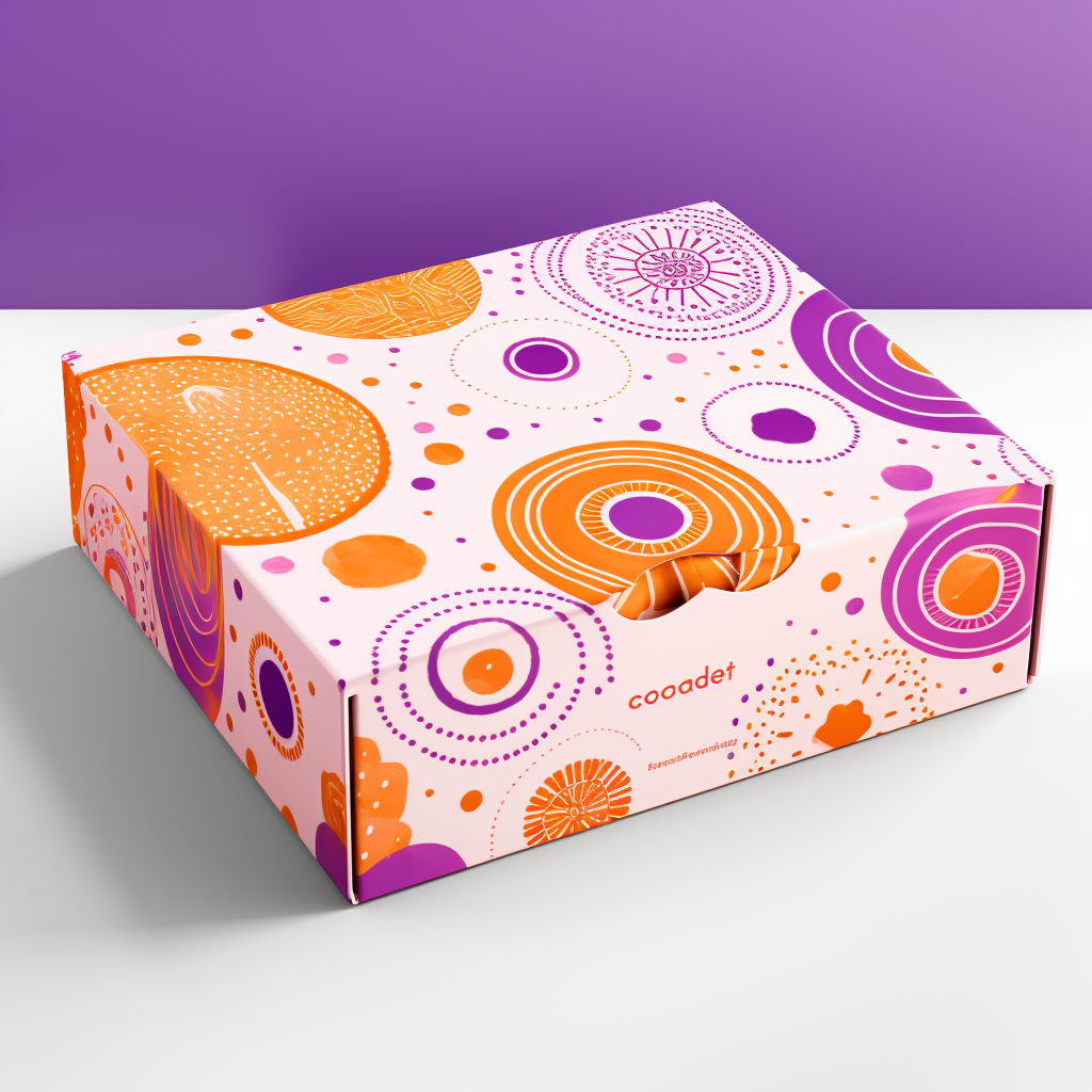 Colorful cookie box with circle pattern and asterisks