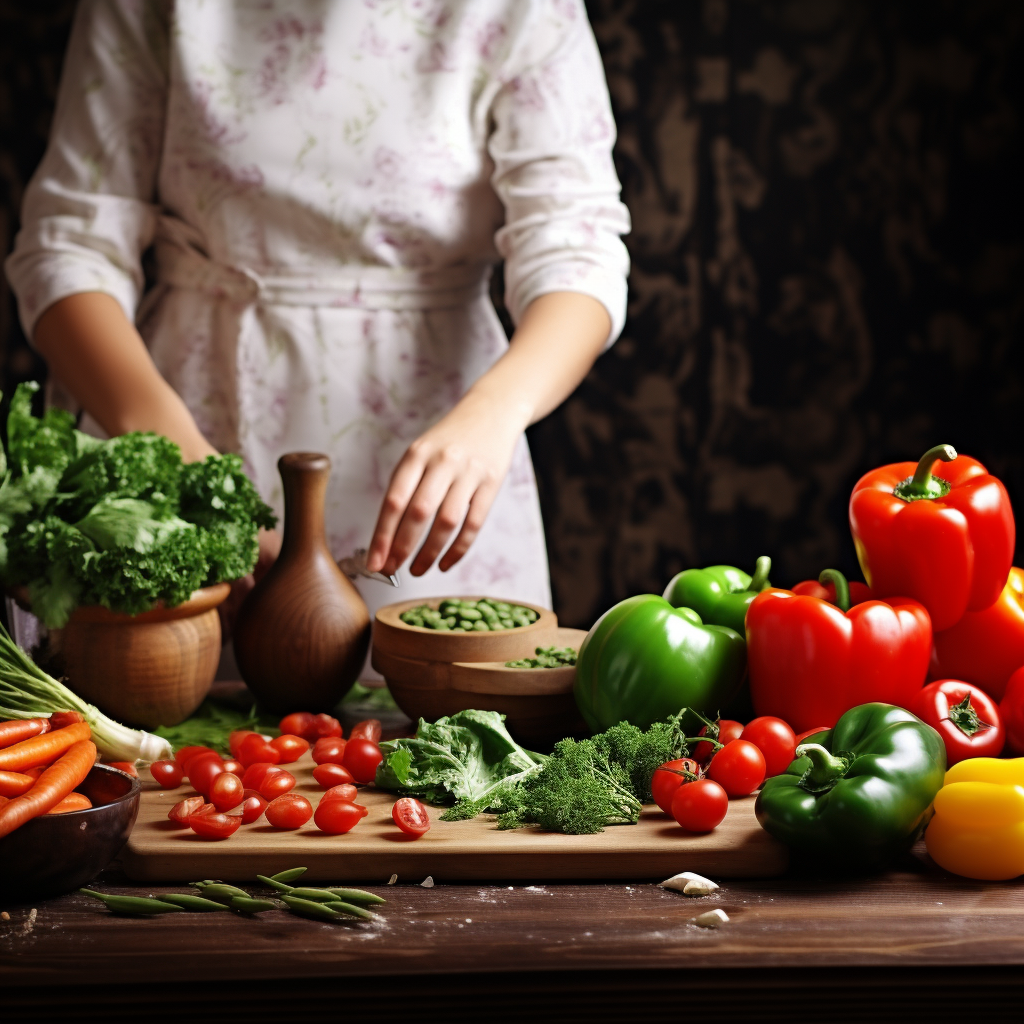 Cooking girl with fresh fruits and vegetables