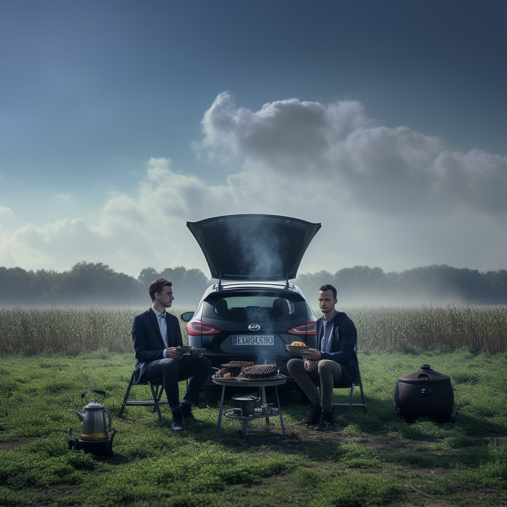 Two guys cooking on portable gas stove