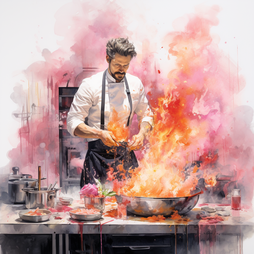 Cooking show with flambé in watercolor