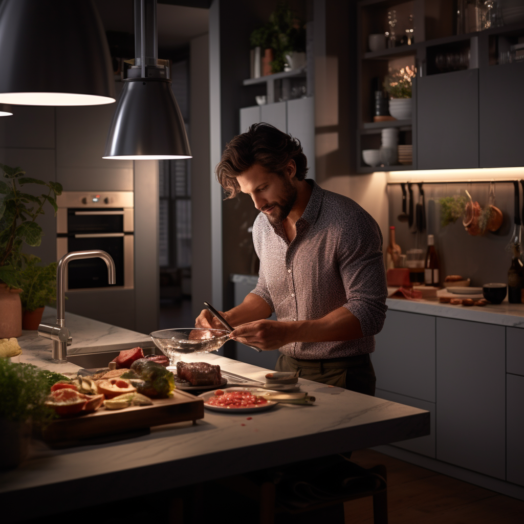 Mid-30s man cooking in modern kitchen